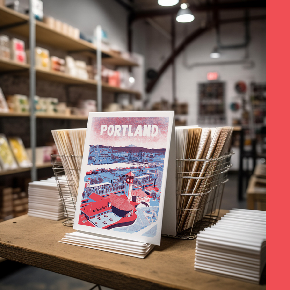 A postcard of Portland's Union Station at a stationery shop