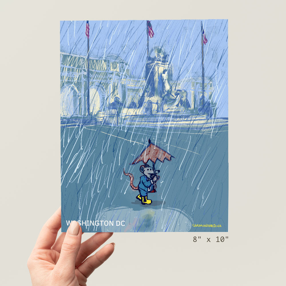 a person holding up a picture of a cartoon character in the rain