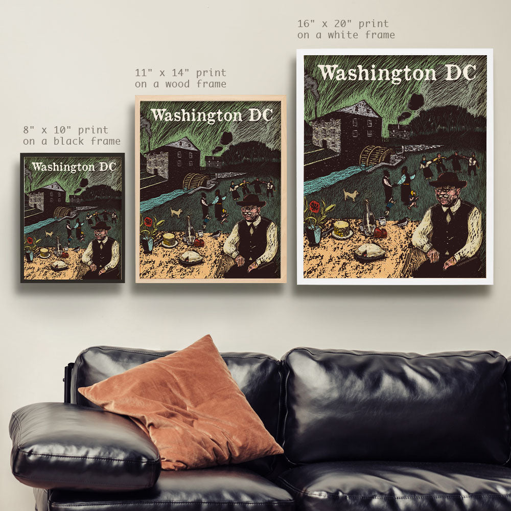 two posters of washington dc on a wall above a couch