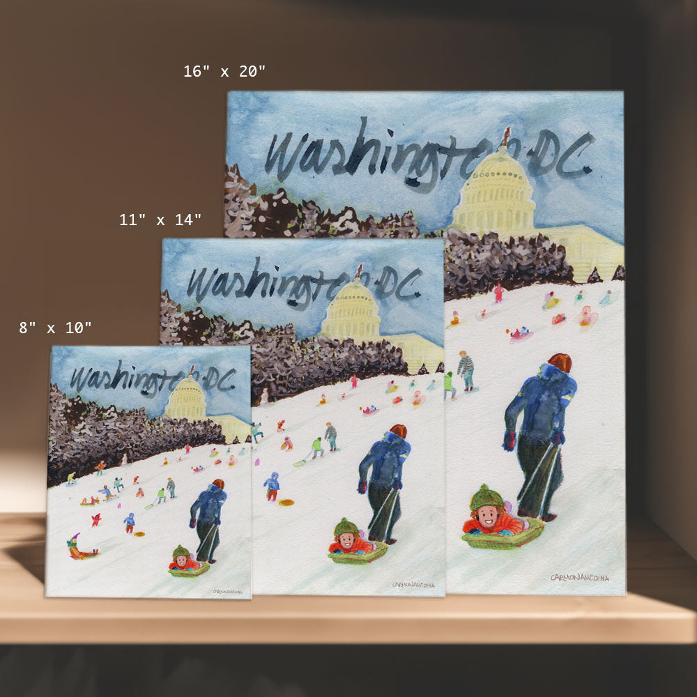 three paintings of people skiing down a hill