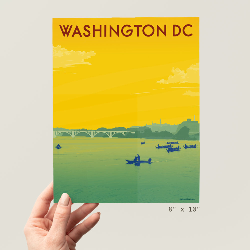 a person holding up a poster of washington dc