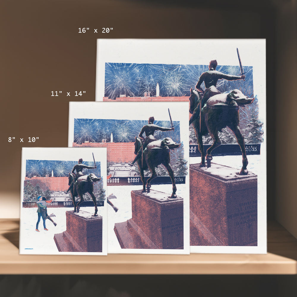 three pictures of a statue of a man on a horse