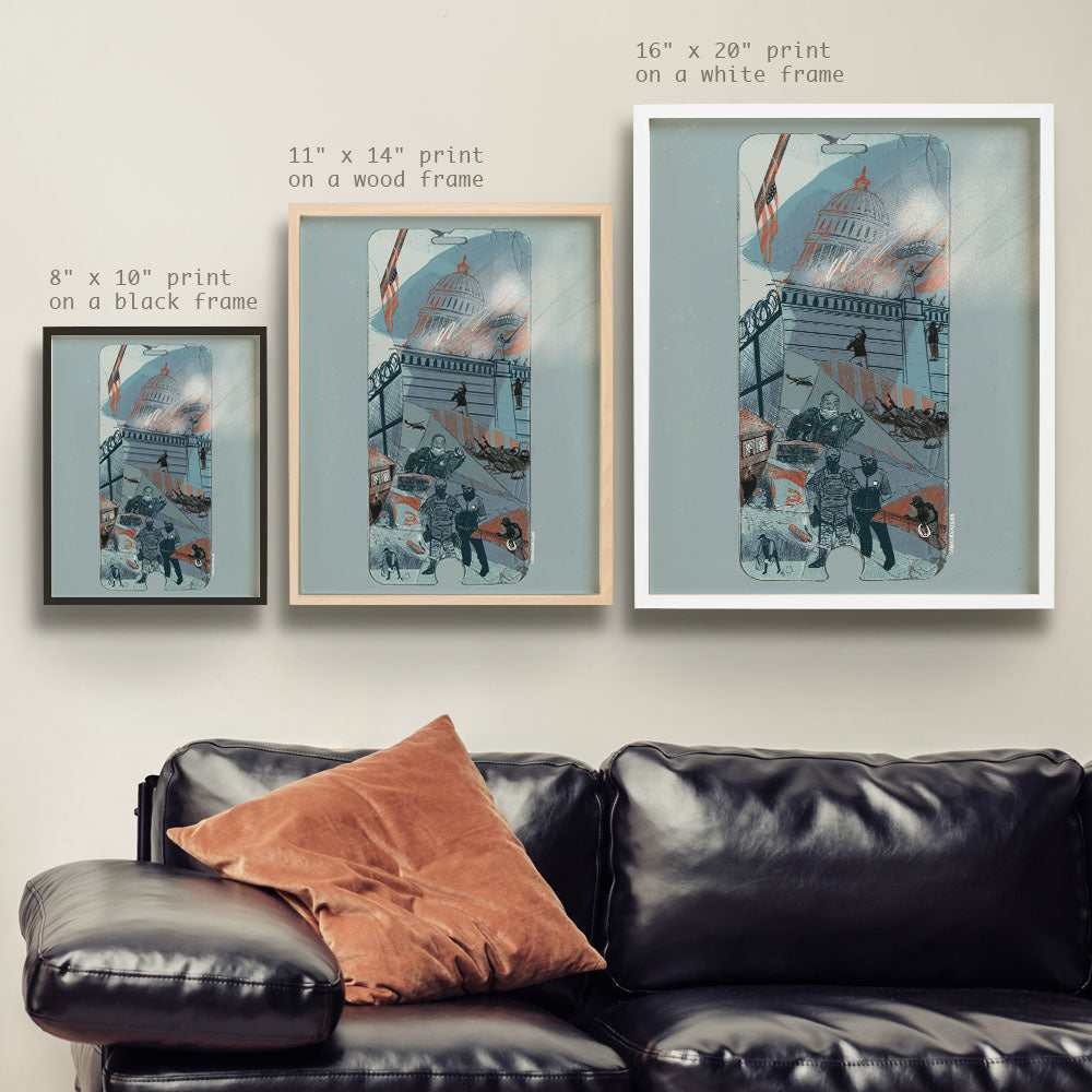 a living room with a black leather couch and two pictures on the wall