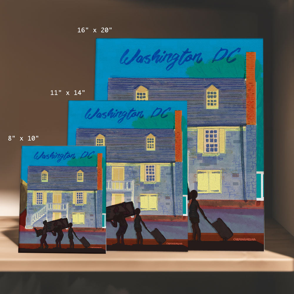 three paintings of people carrying luggage in front of a building