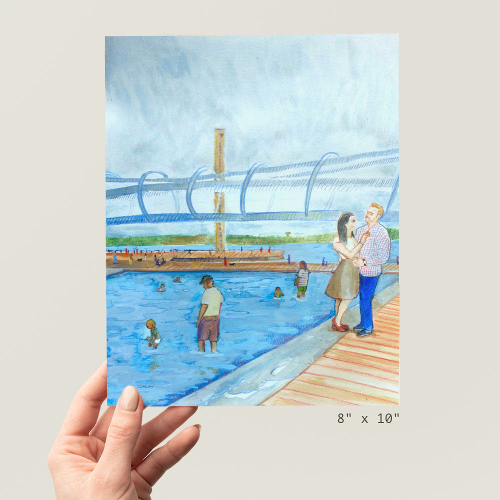 a person holding up a painting of a man and woman in a swimming pool