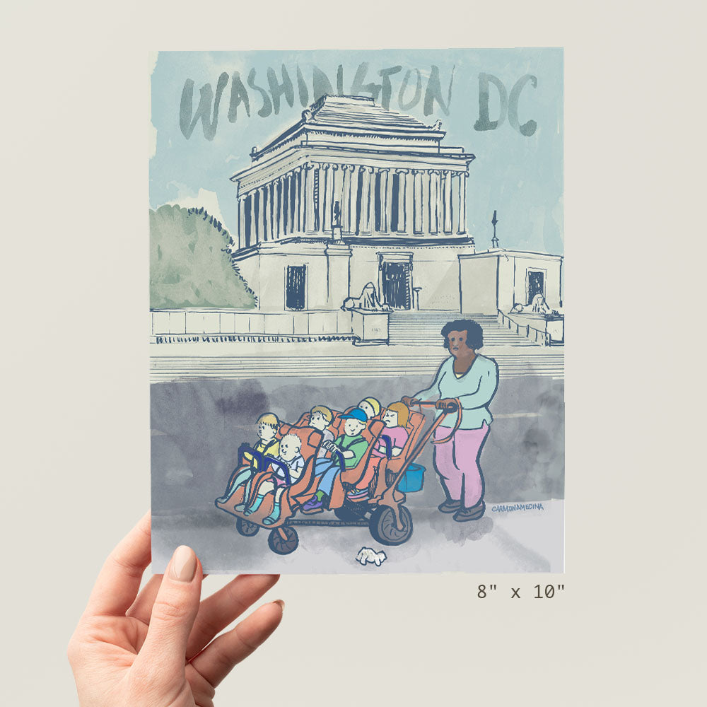 a drawing of a woman pushing a wagon full of children