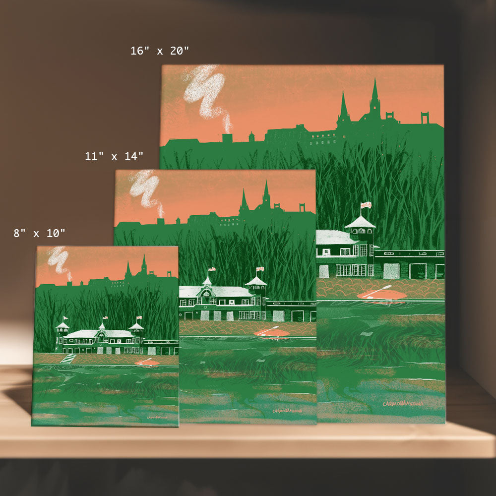 a set of three paintings of a lake and a city