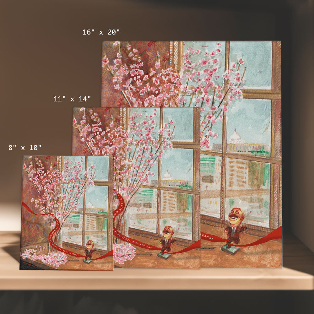 a painting of a cherry blossom tree in front of a window