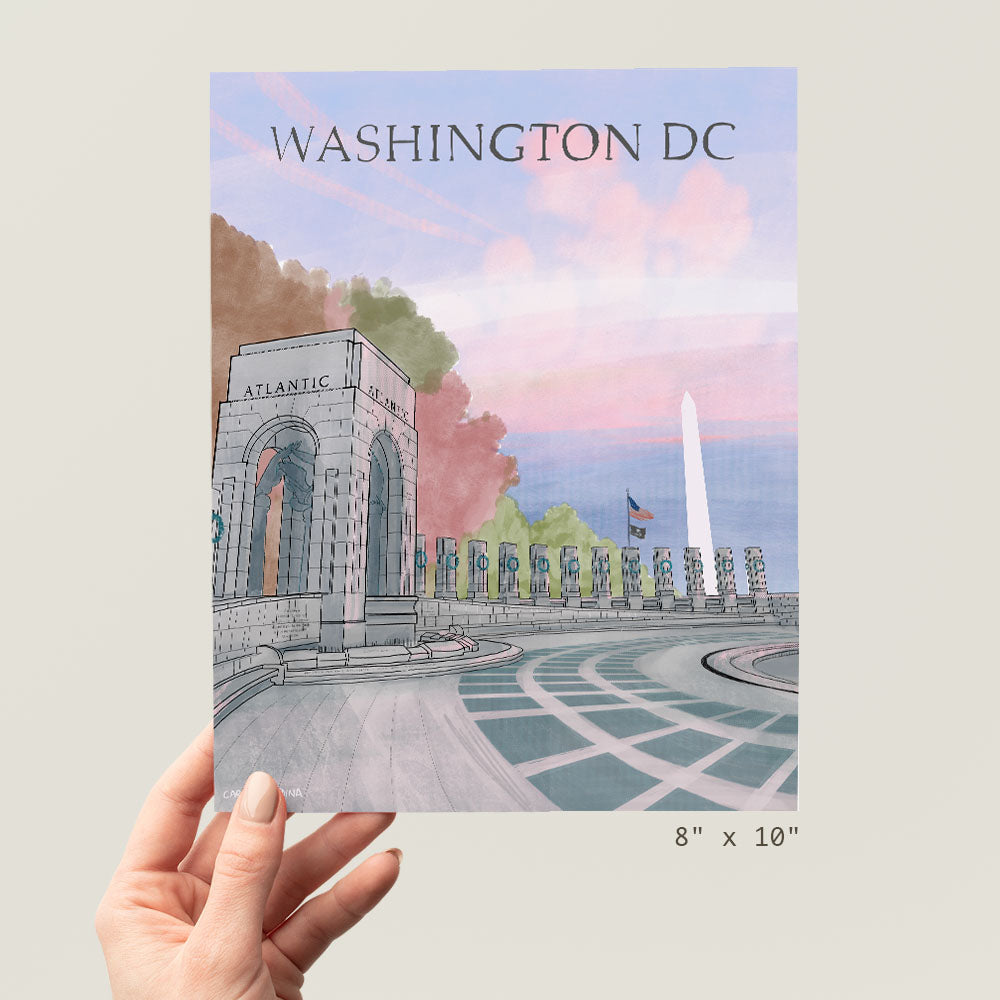 a person holding up a picture of washington dc