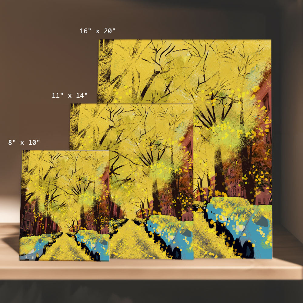 a set of three paintings of trees with yellow leaves