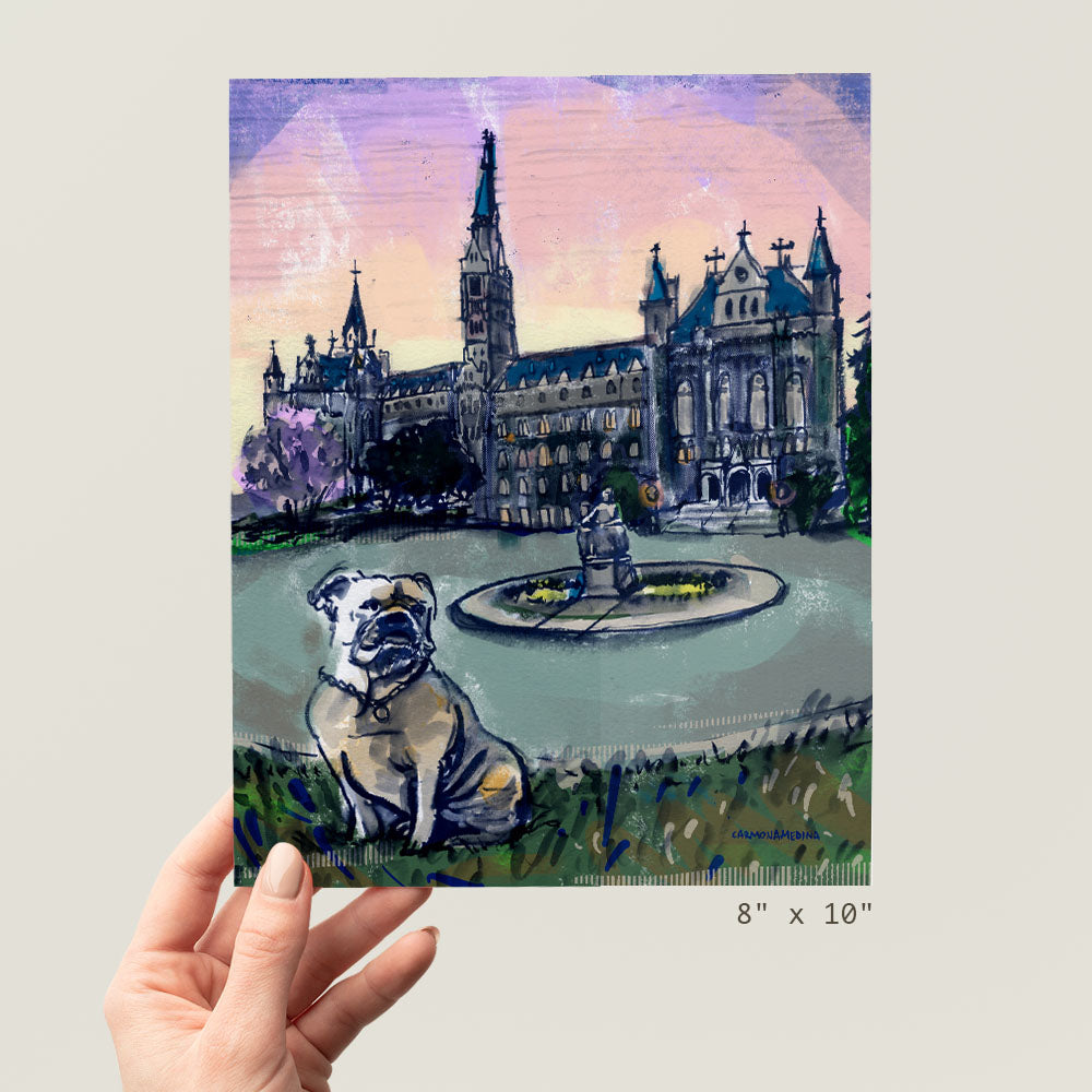 a painting of a dog sitting in front of a castle