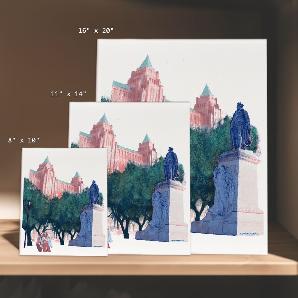 a set of three greeting cards with a picture of a statue in front of a