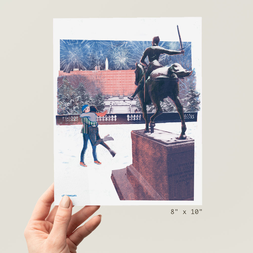 a person holding up a picture of a statue of a man on a horse