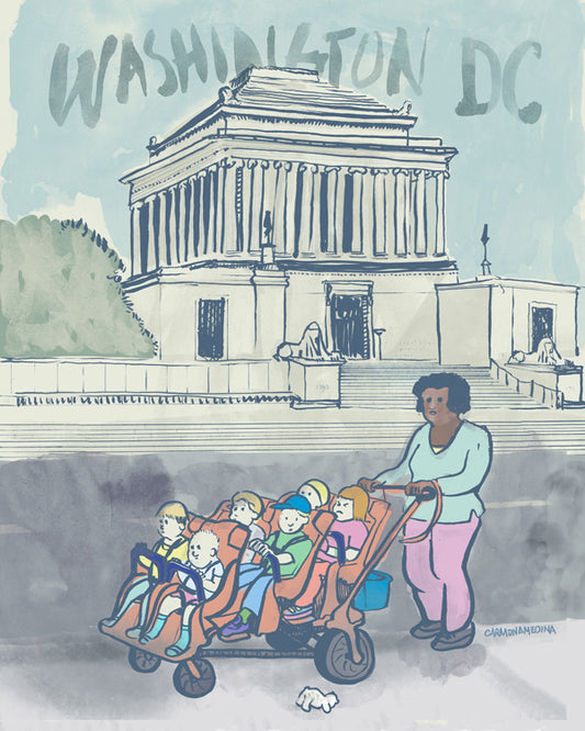 Daycare strollers transport legions of future citizens on a typical Washington DC weekday. The tots admire the monuments, some drool absentmindedly, and one loses a teddy bear.  This stroller passes one of my favorite buildings on 16t St NW: The Scottish Rite of Freemasonry, Supreme Council, 33º.